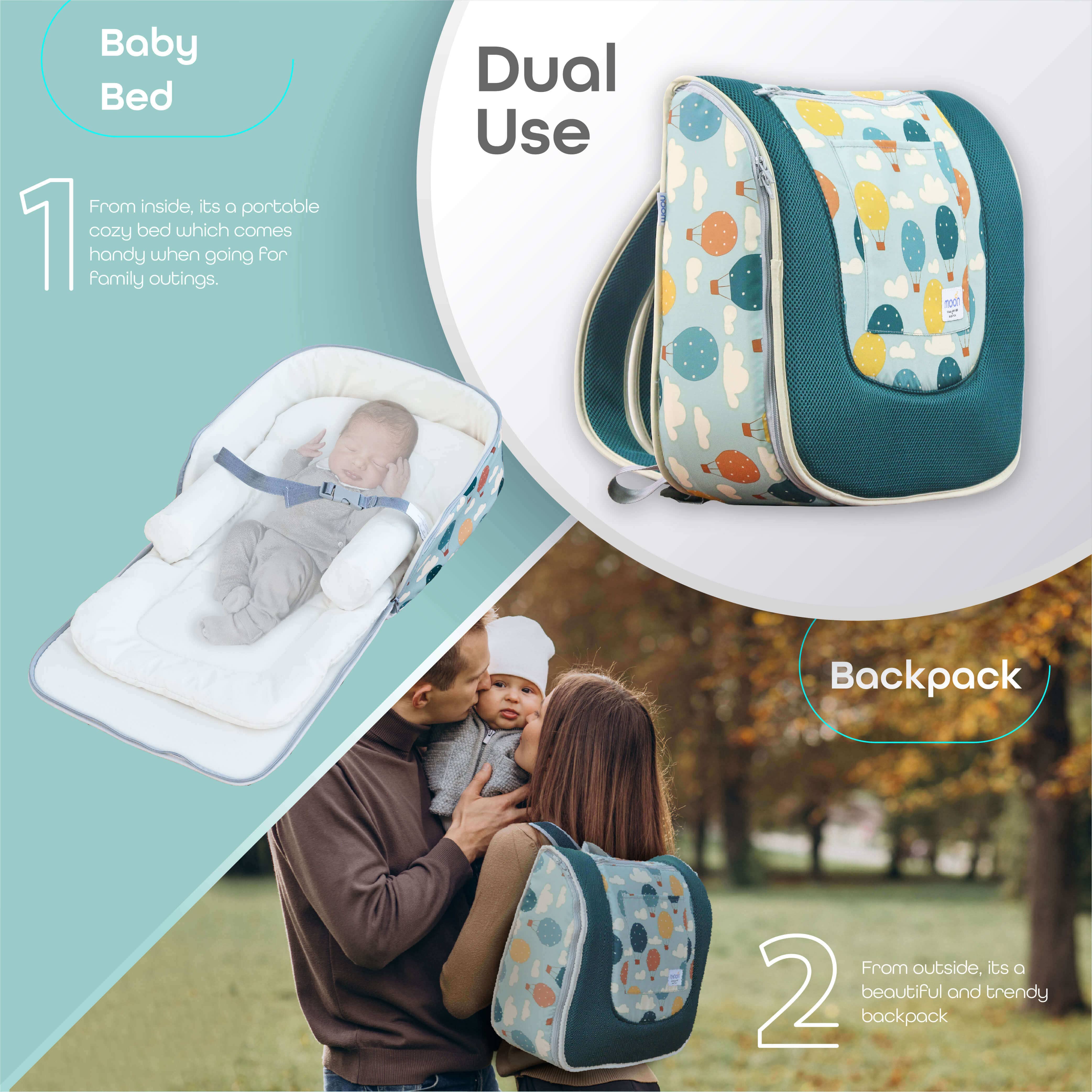 Moon Travalo Balloon Print Portable Travel Baby Bed & Backpack Bag, Multicolour